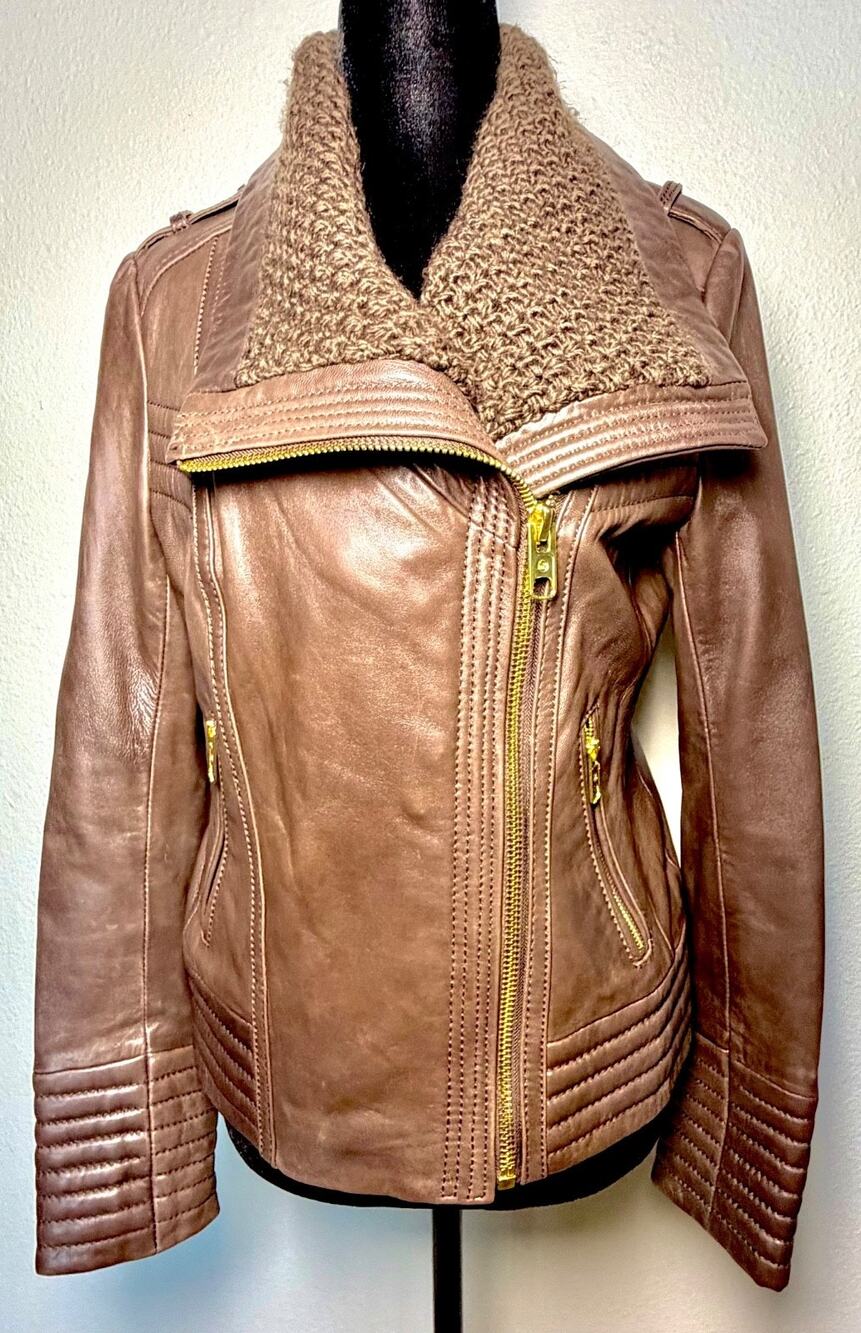 MK Michael Kors Brown Genuine Leather Moto Jacket Asymmetric Zip Knit Coll